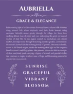 Aubriella name origin print with meaning and traits in purple