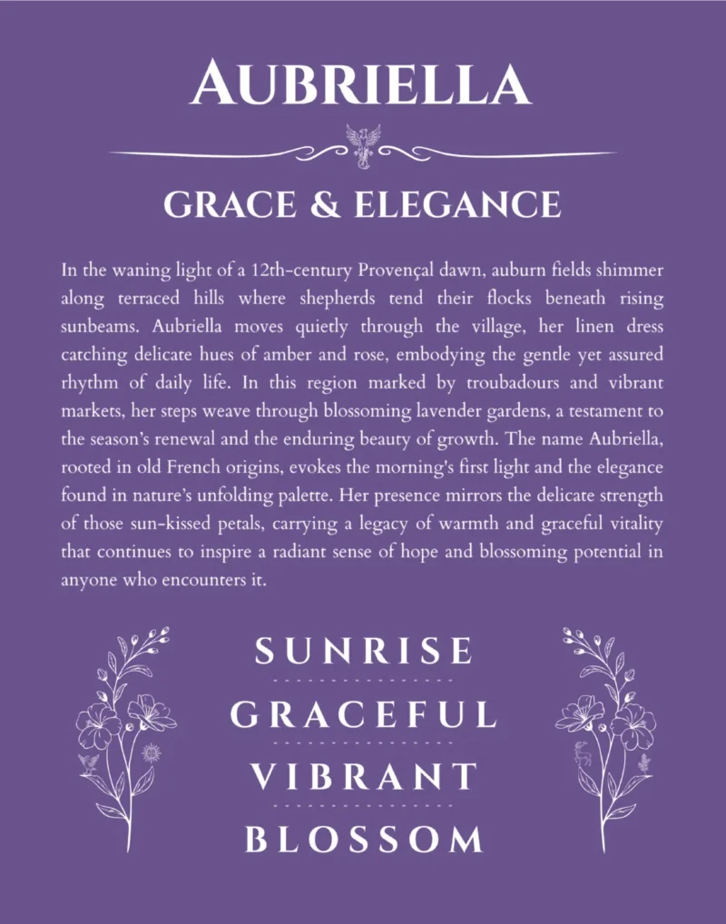 Aubriella name origin print with meaning and traits in purple
