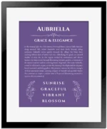 Aubriella name origin print with meaning and traits in purple with black matte frame
