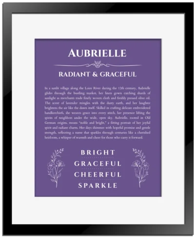 Aubrielle name meaning wall art by Get Your Story in purple with black matte frame