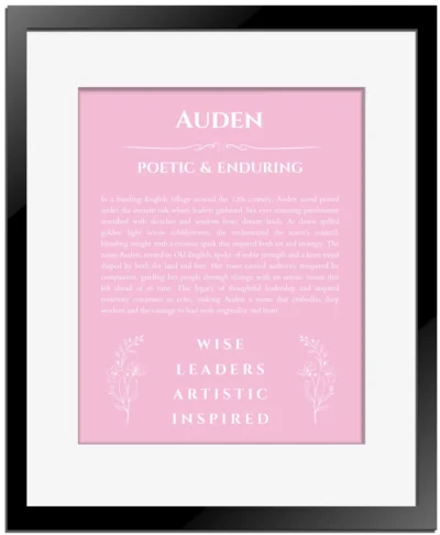 Auden personalized name meaning print in light pink with black matte frame