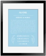 Audie personalized name meaning print in light blue with black matte frame