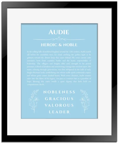 Audie personalized name meaning print in light blue with black matte frame