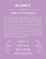 Audrey personalized name art with origin story in light purple