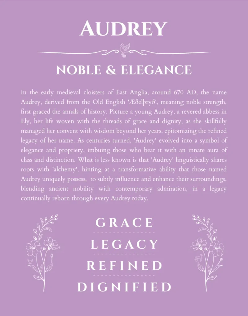 Audrey personalized name art with origin story in light purple