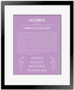 Audrey personalized name art with origin story in light purple with black matte frame