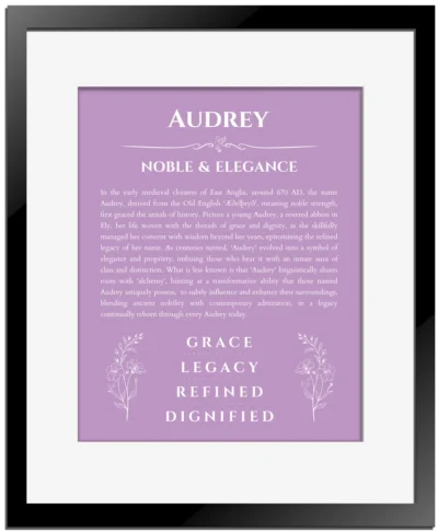Audrey personalized name art with origin story in light purple with black matte frame