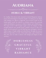Audriana custom name art showing meaning and origin in light purple