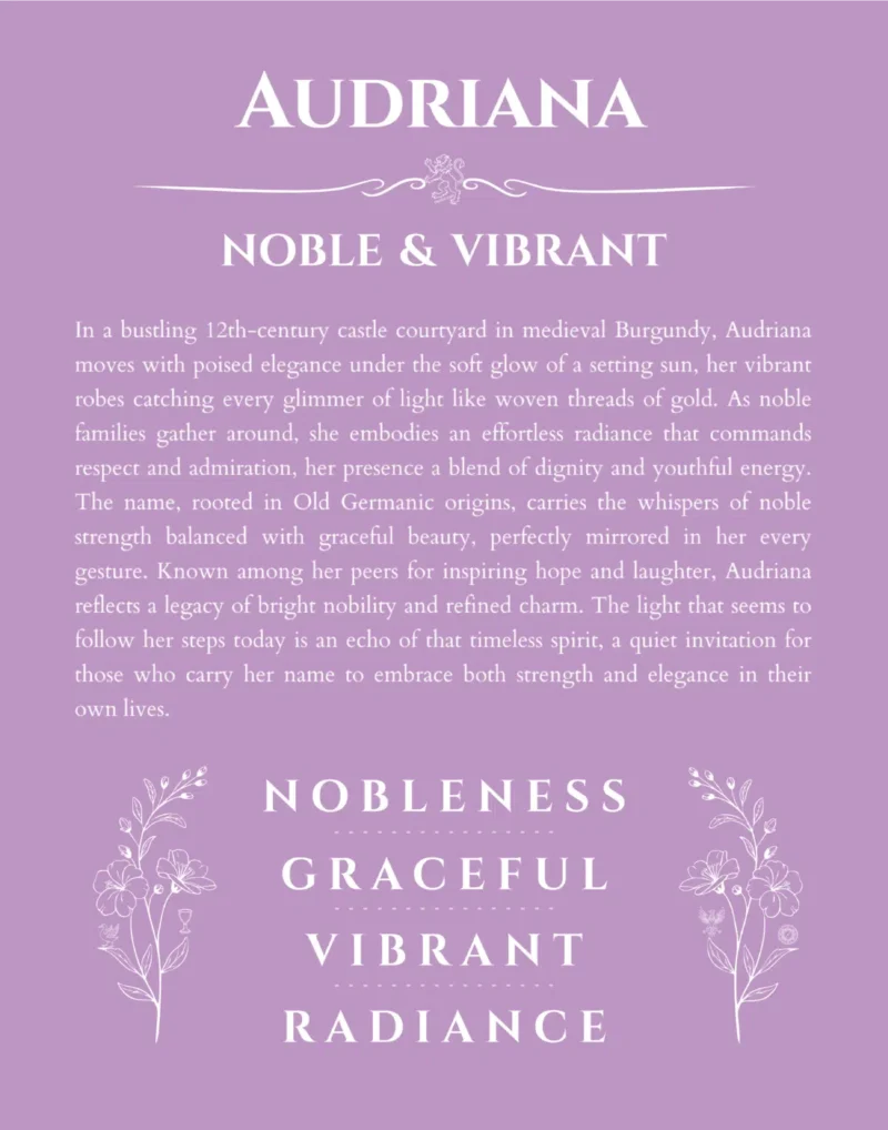 Audriana custom name art showing meaning and origin in light purple