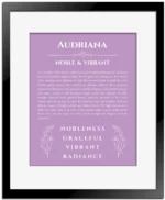Audriana custom name art showing meaning and origin in light purple with black matte frame