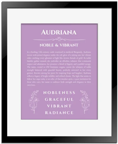 Audriana custom name art showing meaning and origin in light purple with black matte frame