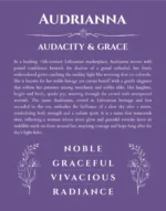 Audrianna personalized name print with origin and traits in purple