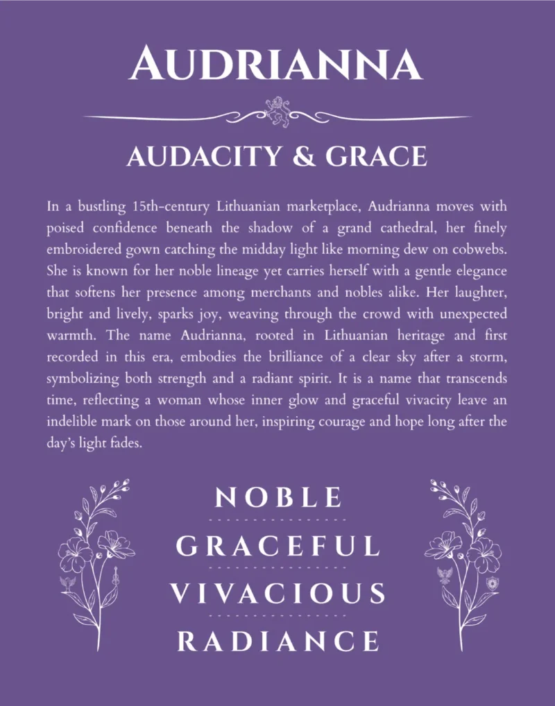Audrianna personalized name print with origin and traits in purple