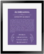 Audrianna personalized name print with origin and traits in purple with black matte frame