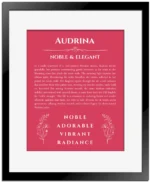 Audrina custom name meaning print in red with black matte frame