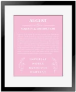 August custom name print for wall display in light pink with black matte frame