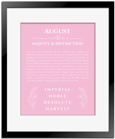 August custom name print for wall display in light pink with black matte frame