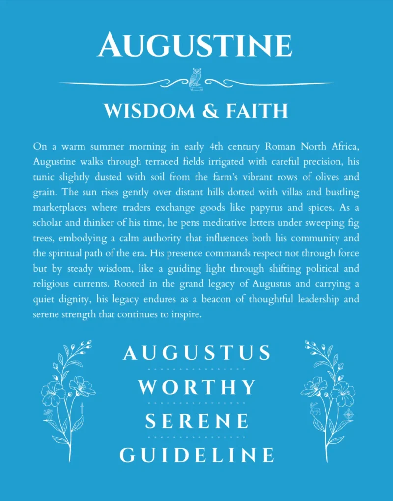Augustine personalized name art with origin story in blue