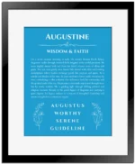 Augustine personalized name art with origin story in blue with black matte frame