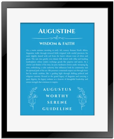 Augustine personalized name art with origin story in blue with black matte frame