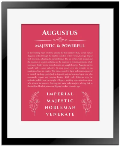 Augustus custom name meaning print in red with black matte frame