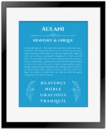 Aulani personalized name art with origin story in blue with black matte frame