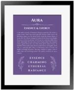 Aura custom name meaning print in purple with black matte frame