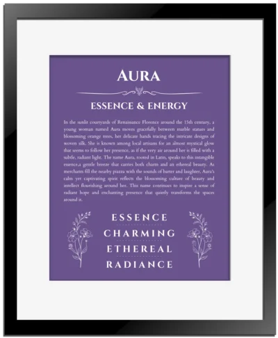 Aura custom name meaning print in purple with black matte frame