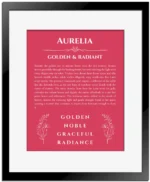 Aurelia custom name art showing meaning and origin in red with black matte frame