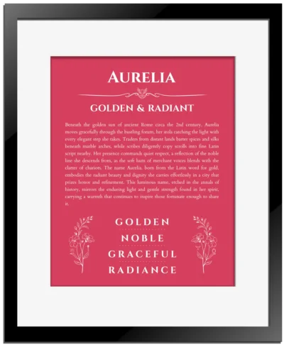 Aurelia custom name art showing meaning and origin in red with black matte frame