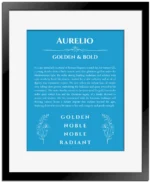 Aurelio name meaning wall art by Get Your Story in blue with black matte frame