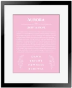 Aurora custom name print for wall display in light pink with black matte frame