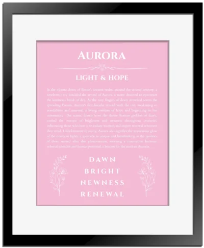 Aurora custom name print for wall display in light pink with black matte frame