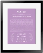 Austen custom name meaning print in light purple with black matte frame