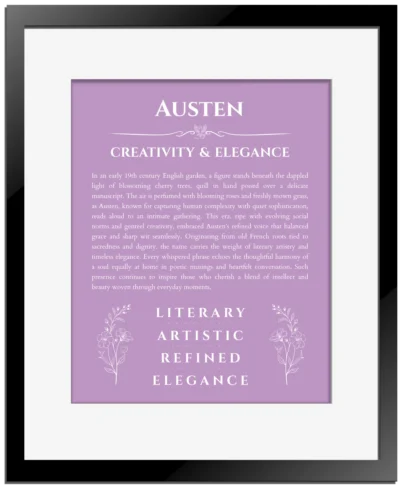 Austen custom name meaning print in light purple with black matte frame