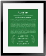 Austyn custom name meaning print in dark green with black matte frame