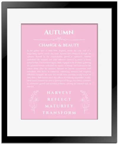 Autumn personalized name art with origin story in light pink with black matte frame