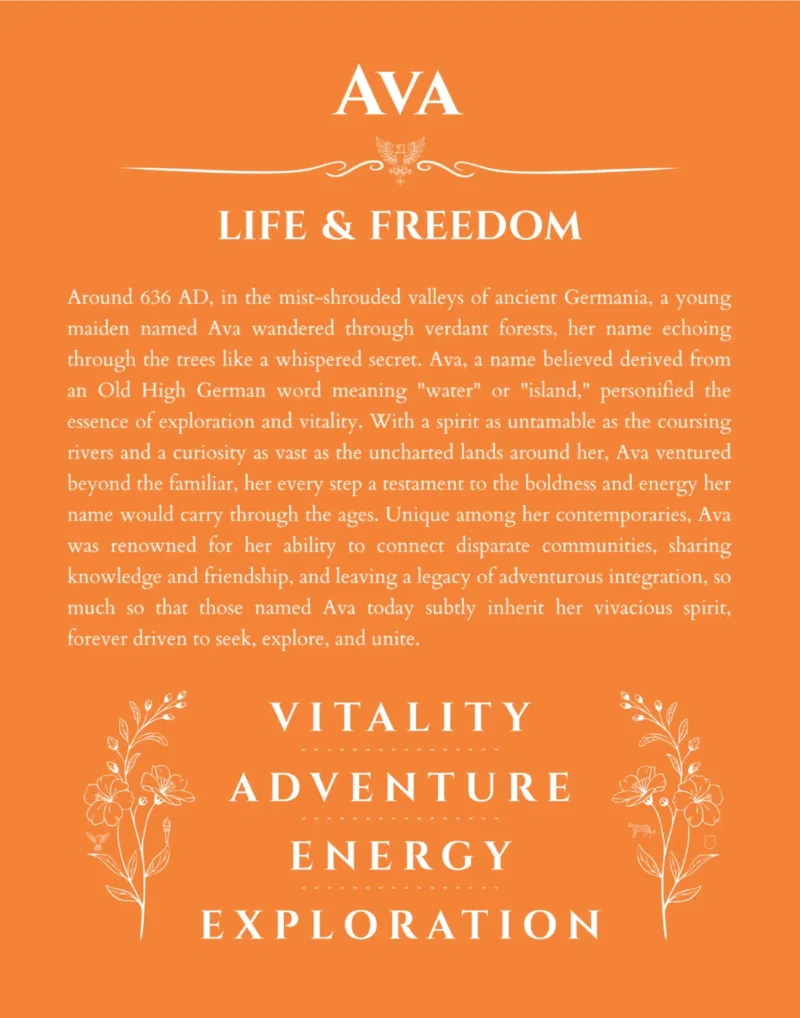 Ava name origin print with meaning and traits in orange