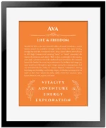 Ava name origin print with meaning and traits in orange with black matte frame