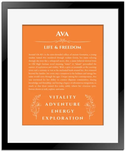 Ava name origin print with meaning and traits in orange with black matte frame