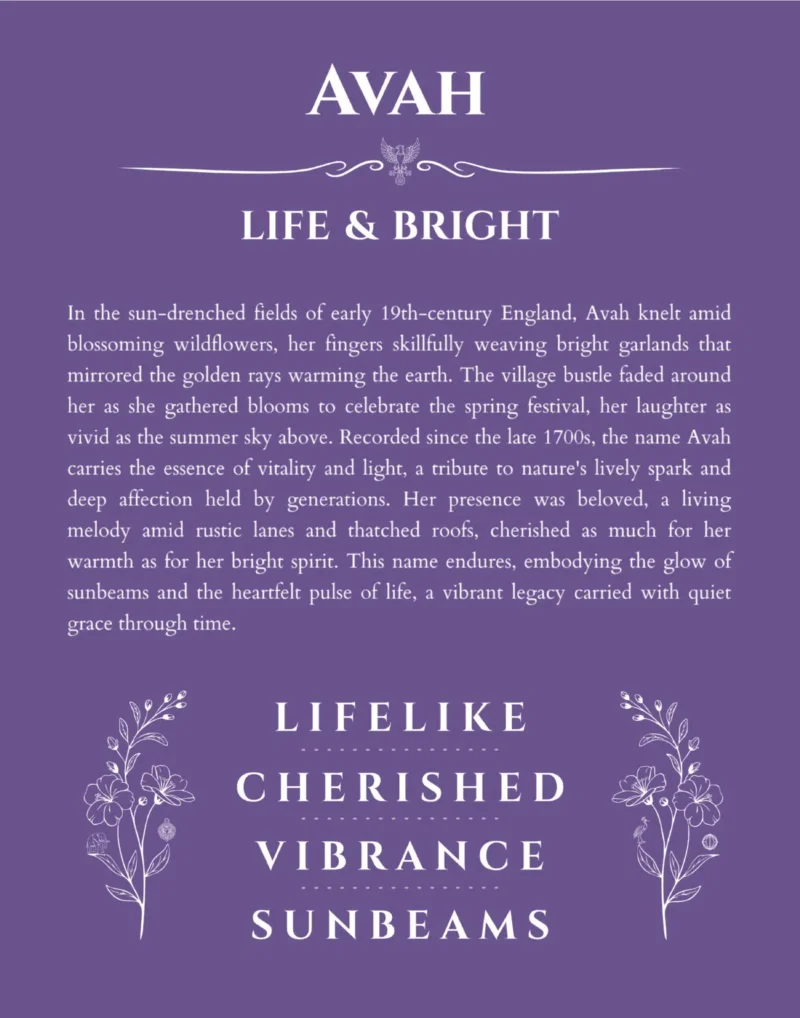 Avah personalized wall art with the story of your name in purple
