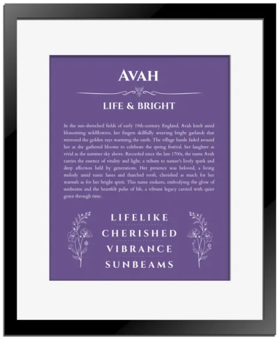 Avah personalized wall art with the story of your name in purple with black matte frame