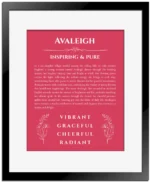 Avaleigh personalized name meaning print in red with black matte frame