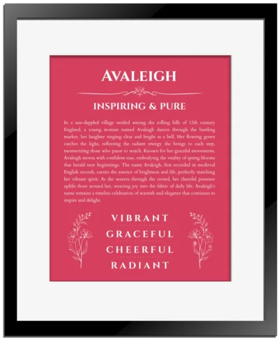 Avaleigh personalized name meaning print in red with black matte frame