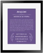 Avalon personalized wall art with the story of your name in purple with black matte frame