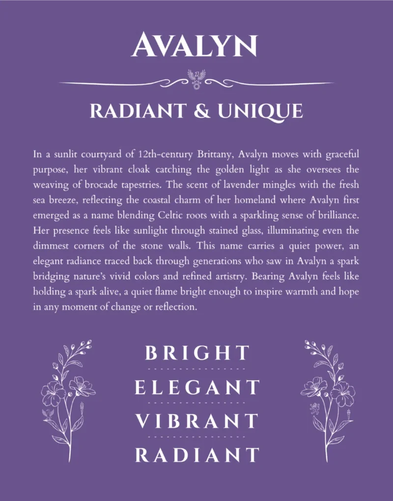 Avalyn personalized name print with origin and traits in purple