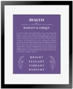 Avalyn personalized name print with origin and traits in purple with black matte frame