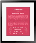 Avalynn custom name meaning print in red with black matte frame