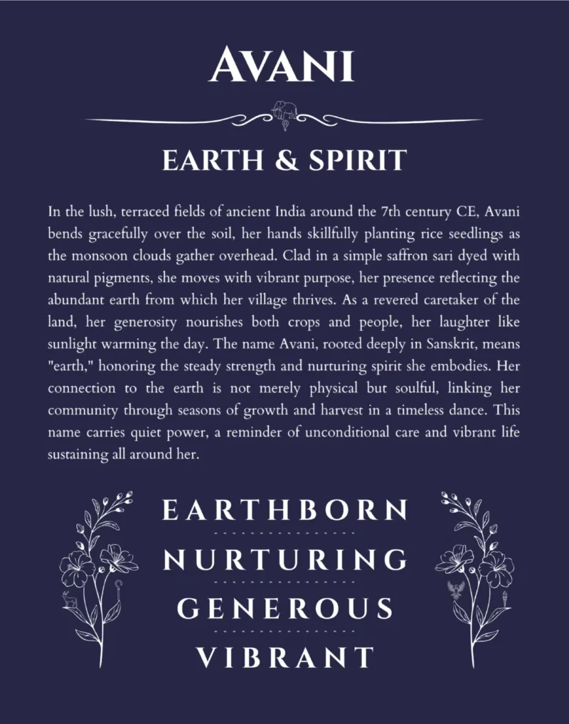 Avani name origin print with meaning and traits in navy blue