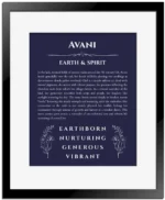 Avani name origin print with meaning and traits in navy blue with black matte frame
